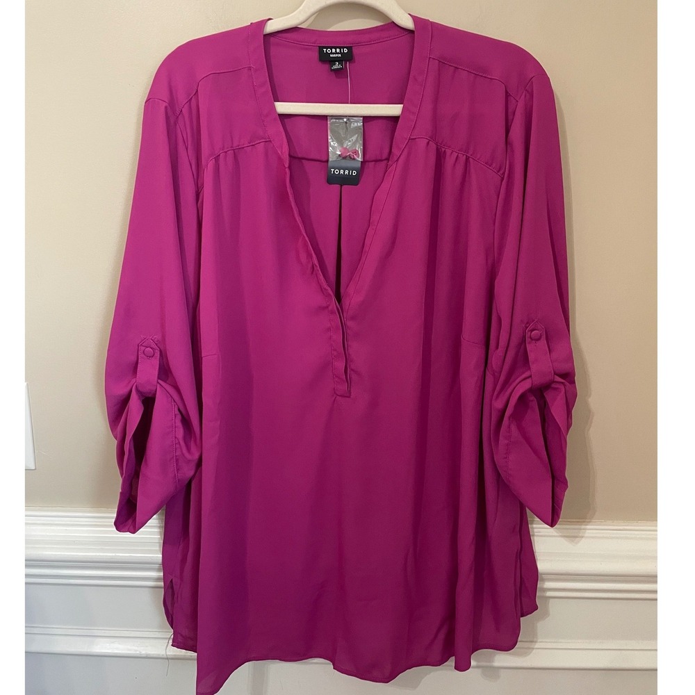 Torrid Harper Georgette Blouse Wild Aster Fuchsia Roll Tab Sleeve Size 3X
